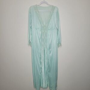 Vintage light blue green lace long button front long sleeve sleep jacket robe L